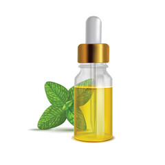 Oregano Oil Bottle with Leaves in Realistic Style
