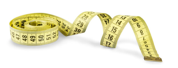 Yellow tape measure or centimeter rolled up - obrazy, fototapety, plakaty