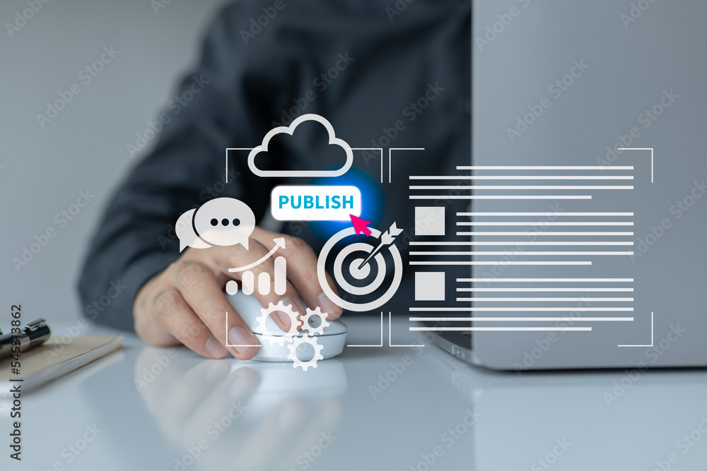 Poster Content for digital publishing should be published. Writing, publishing, and posting blog marketing material to a website requires creating articles and media files