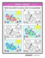 Match to sketch game or visual puzzle with butterflies. Answer included.
