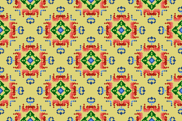 Ikat pixel paisley ethnic seamless pattern decoration design. Aztec fabric carpet boho mandalas textile decor wallpaper. Tribal native motif ornaments traditional embroidery vector background 