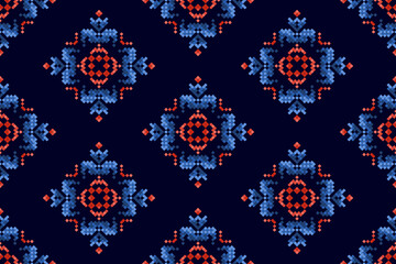 Ikat pixel paisley ethnic seamless pattern decoration design. Aztec fabric carpet boho mandalas textile decor wallpaper. Tribal native motif ornaments traditional embroidery vector background 