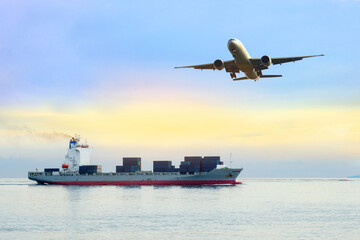 Transportation of cargo planes and container ships Industrial logistics business, import and export Global business and transportation concept