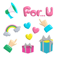 3d rendering For you ICON pastel set, heart , gift, hand , rainbow, megaphone isolated on  Transparent background