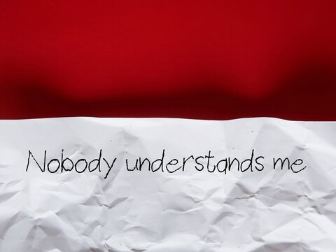 On Red Copy Space Background, Handwriting Text On White Crumpled Paper NOBODY UNDERSTANDS ME, Means Feeling That Nobody Has Ever Felt How We Feel Or Struggle To Talk About How Or What We Think