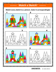 Match to sketch game or visual puzzle with toy town cityscape. Answer included.
