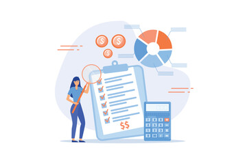 Budget planning or income management, spending and expense report or investment balance sheet, debt calculation and analysis, flat vector modern illustration