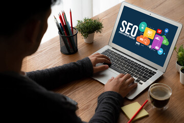 SEO search engine optimization for modish e-commerce and online retail business showing on computer...