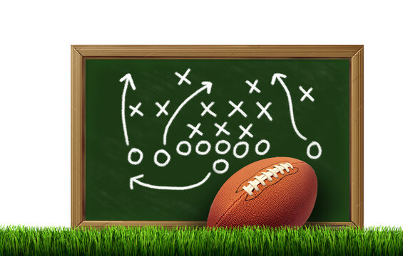Football Game strategy as a sports plan with a strategic plan chalkboard on a playing field 