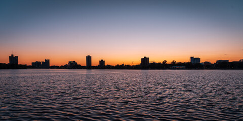 Cambridge from Charles River during sunset in Boston City