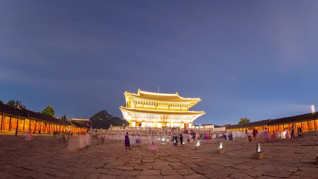 Hyper lapse, Gyeongbokgung Palace at night in Seoul City,South Korea.