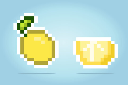 8 bit pixel lemon. Fruits for game assets and cross stitch patterns in vector illustrations.