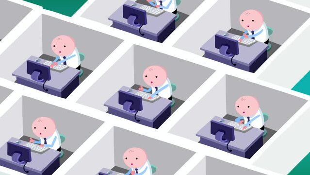 Cartoon employees in cubicles form AI color modern version. Artificial intelligence will replace simple work. Animation good for illustrating this process.
