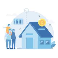 Fototapeta na wymiar Family buying home with mortgage and paying credit to bank. People invest money in real estate property. House loan, rent and mortgage Concept. Flat cartoon vector illustration.