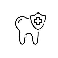 Tooth with shield icon. Dental care and oral medicine. Pixel perfect editable stroke