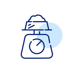 Weighing pet food on scales for weight loss and dieting. Pixel perfect, editable stroke icon