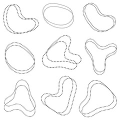 Organic abstract random blob shapes in dashes or dotted line. outline design. Outline fluid irregular shape element. Liquid spot silhouette, water frame, bubble outline, irregular oval, random shape.