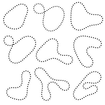 Organic abstract random blob shapes in dashes or dotted line. outline design. Outline fluid irregular shape element. Liquid spot silhouette, water frame, bubble outline, irregular oval, random shape.