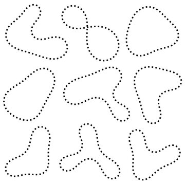 Organic abstract random blob shapes in dashes or dotted line. outline design. Outline fluid irregular shape element. Liquid spot silhouette, water frame, bubble outline, irregular oval, random shape.