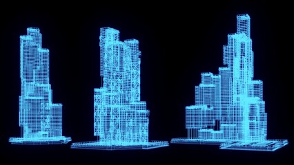 3D rendering illustration Building blueprint glowing neon hologram futuristic show technology security for premium product business finance transportation 