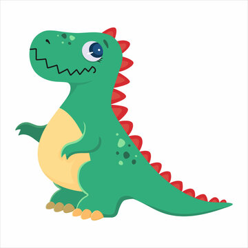 Cute cartoon dinosaur. Green smiling tyrannosaurus. Childrens print. Vector flat illustration