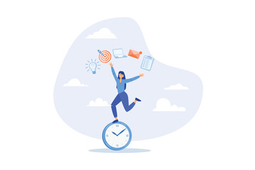 Productive woman, multitasking or time management professional, productivity or entrepreneurship, work efficiency or organize schedule, flat vector modern illustration