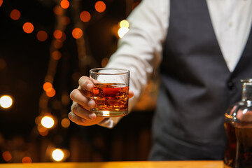 Bartender Serve Whiskey, on wood bar, 