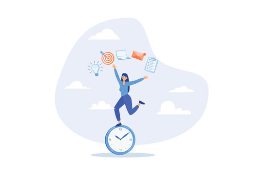 Productive woman, multitasking or time management professional, productivity or entrepreneurship, work efficiency or organize schedule, flat vector modern illustration