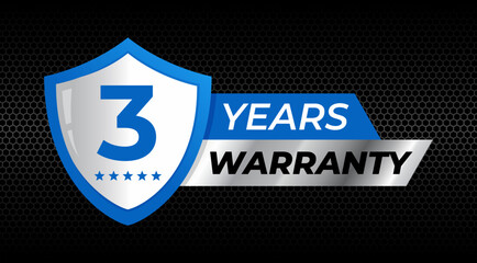3 years warranty shield label icon badge design. blue and silver color. vector illustration eps 10
