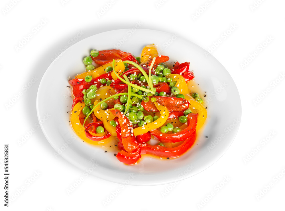 Canvas Prints Colorful vegetables salad on white plate. Red and yellow sweet peppers grilled with garlic and basil.Mediterranean  cuisine