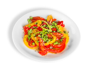 Colorful vegetables salad on white plate. Red and yellow sweet peppers grilled with garlic and basil.Mediterranean  cuisine