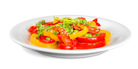 Colorful vegetables salad on white plate. Red and yellow sweet peppers grilled with garlic and basil.Mediterranean  cuisine