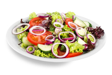 set with different salads on white background