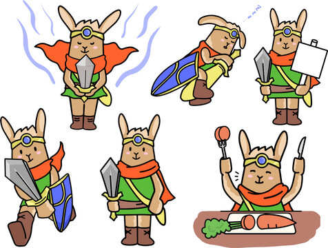 兎のキャラクターの勇者が冒険するイメージのイラストセット