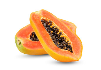 Half of ripe papaya fruit with seeds isolated on transparent png