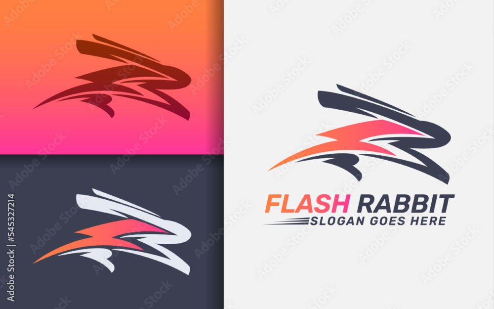 Poster flash rabbit logo design. abstract creative rabbit and lightning flash symbol combination.