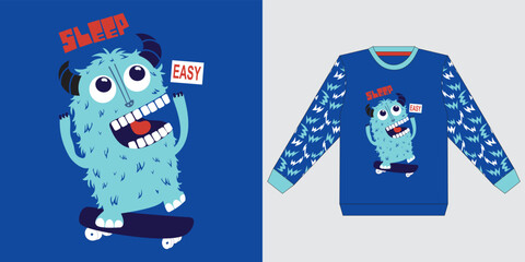 winter monster skate graphic vector illustration for print garment, cool skater monster vector drawing for tee print, Cute cartoon characters for kids. Be cool sleep slogan.
