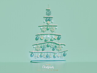 Green Christmas tree with sparkling lights and podium on green background 3D Rendering, 3D Illustration
