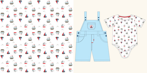 Yacht Nautical seamless pattern vector set for garment print, Flat cartoon yacht and ships are sailing against the backdrop. Pastel seamless vector
