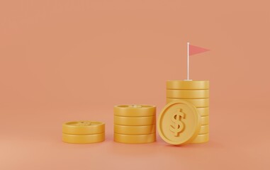Pile of gold coins on orange background. Symbol of goals in investing.savings and business.money management.Saving and money growth concept.Dollar Coin.3D render,Illustration.