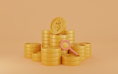 Pile of gold coins on orange background. Symbol of goals in investing.savings and business.money management.Saving and money growth concept.Dollar Coin.money bag.piggy bank.3D render,Illustration.