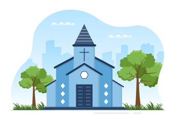 Cathedral Catholic Church Building with Architecture, Medieval and Modern Churches Interior Design in Flat Cartoon Hand Drawn Templates Illustration