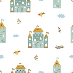 Obraz na płótnie Canvas Childish seamless pattern of castles in boho style, hand drawn on a white background for your design