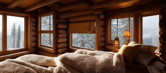 Hunting lodge cozy interior, blankets, warm lights, snow outside, rustic mountain cabin