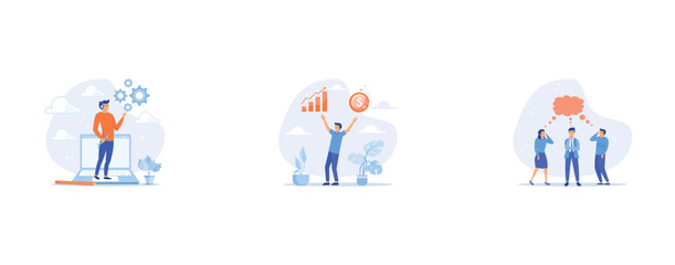 Support staff help fixing technical problem, Value stock vs growth stock, think together planning for business goal or success concept, set flat vector modern illustration