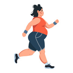 Fototapeta na wymiar An obese young woman is jogging. Sports training, weight loss, light running. Vector illustration in a flat style