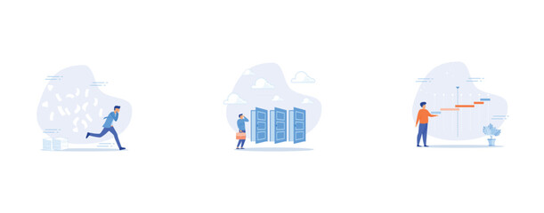 Overwhelmed or work overload, Choosing choices, Project timeline or schedule, set flat vector modern illustration