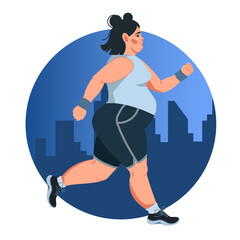 Vector illustration in a flat style with an obese woman jogging against the background of a night city. Healthy lifestyle and proper nutrition, sports training, running