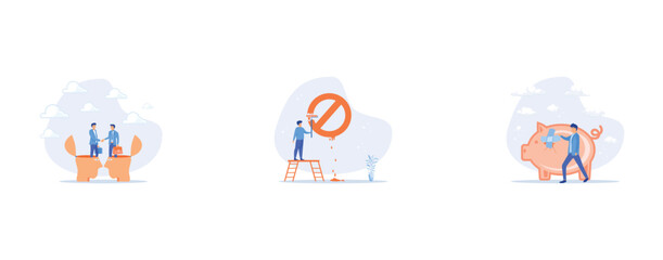 Negotiation skill for leadership, Prohibition or stop sign, Fix financial problem, set flat vector modern illustration