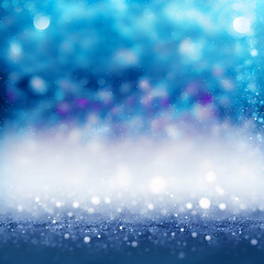 Obraz na płótnie Canvas Glowing in the dark defocused glitter texture with blue bokeh lights and snow. Christmas and winter holidays background